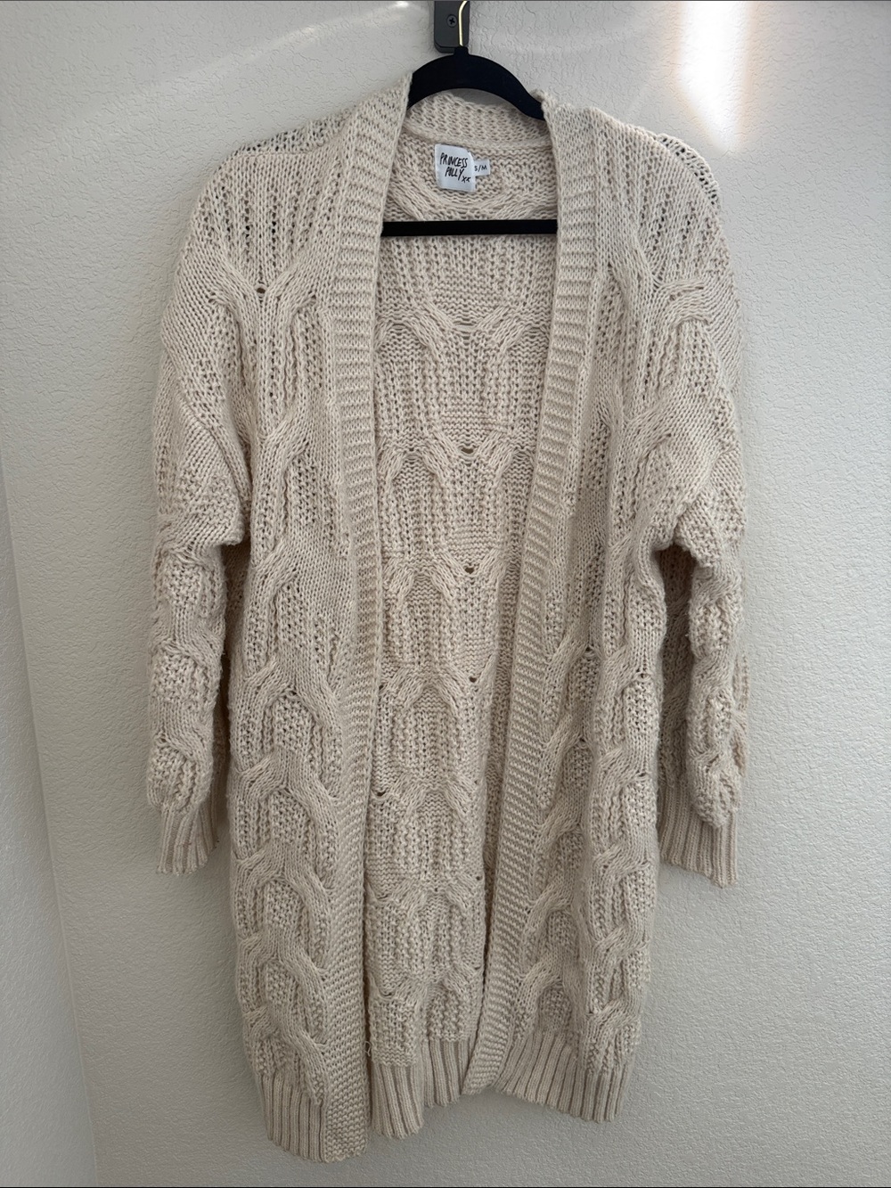 Princess Polly Cream Cable-Knit Long Open Cardigan- Size S/M